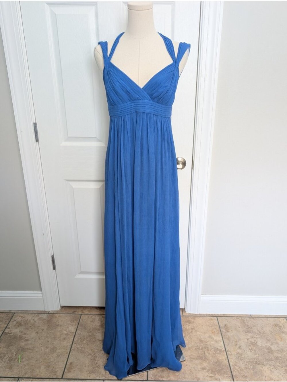 Y2K Grecian Blue Crinkle Silk Maxi Dress Empire Ruched Pleates Sz 8 Ethereal